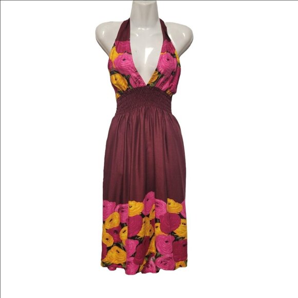 Halter Colorful Dress Summer Halter Dress in Pink Orange and Maroon Floral Print - Picture 1 of 15